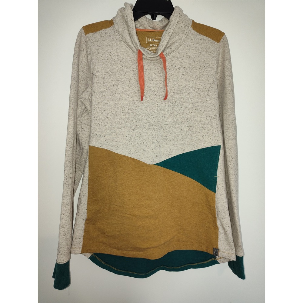LL Bean Womens Colorblock Funnel Neck Sweatshirt Tall M Oatmeal Yellow 519538